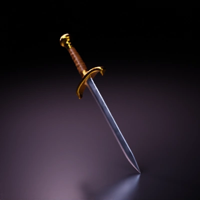Medieval-style sword, double-edged, with ornate hilt.