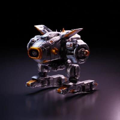 Giant battle-ready mech with laser weapons, four legs.