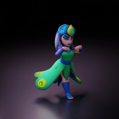 Animated female character in a dynamic pose, teal hair, fantasy dress.