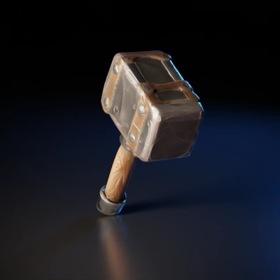 Stone hammer with wooden handle, 3D model, nuts and bolts.