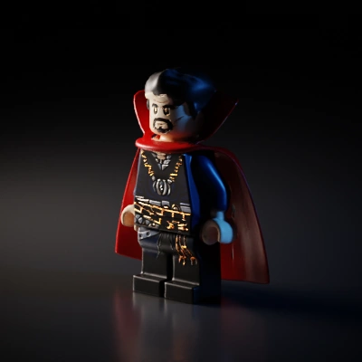 Lego figurine with cape and detailed outfit, character, complex geometry.