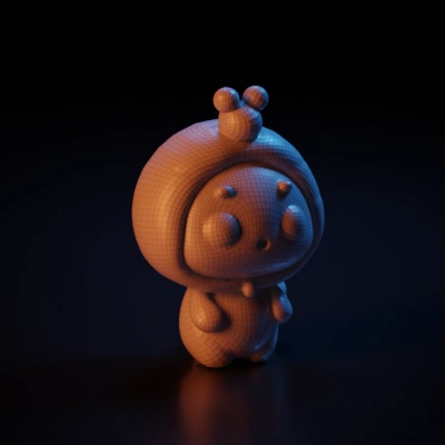Cute cartoonish creature with snail hat and tail. symmetric geometry. character. smooth edges. simple geometry.