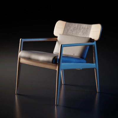 Modern wooden armchair with cushion, minimalist design.