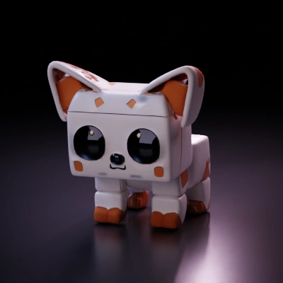 Square-shaped cube cat with big eyes, toy-like. Sharp edges. Blocky colors