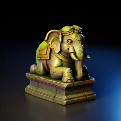 Mossy green stone elephant statue, hand-painted style, ancient ruins relic, stylized cartoon texture, gold accents