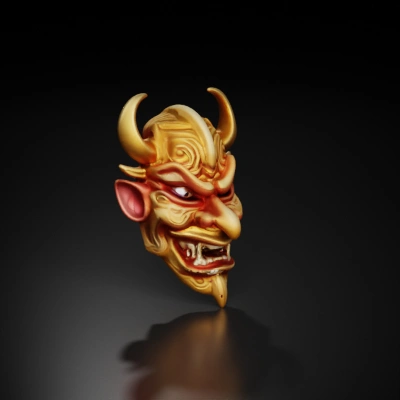 Terrifying demon mask, ornate, fanged expression.