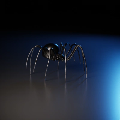 Mechanical spider with menacing appearance. eight legs, eight red eyes, no ground