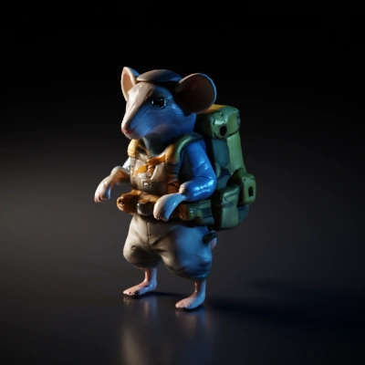 Mouse character in adventure attire, equipped for a journey.