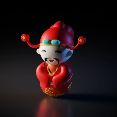 Happy smiling figure in traditional attire, small hat, mustache.