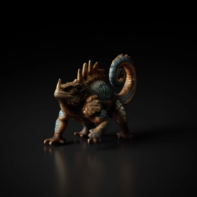 Large reptilian creature with spiked back and curled tail.
