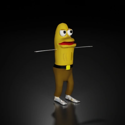 Banana-shaped character with googly eyes, pants.