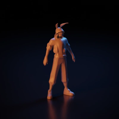 Stylized character wearing a mask, futuristic outfit.