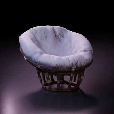 Circular cushioned chair with rattan frame.