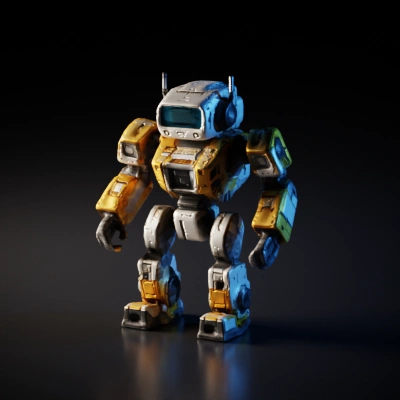 Battle-ready mech with screen face, advanced robotic design.