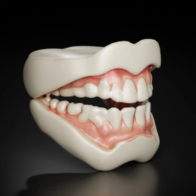 Dentures with upper and lower sets of teeth.
