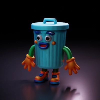 happy cartoon Trash can with arms, legs, and a face.