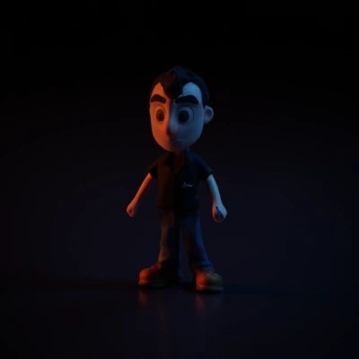 Cartoonish person with a black shirt, blue jeans.