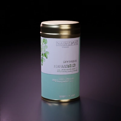 Tea canister with label and some design elements. 
The label on the can features a green and white color scheme. On the left side, there's an illustration of green leaves or foliage, suggesting a natural or herbal product. The main text on the label reads "NAMHYA" in large letters, likely the brand name. Below that, it says "ORGANIC MORINGA TEA" in smaller text, indicating the product inside.
The label also includes the phrase "NATURALLY DETOX" and some additional text that's partially visible but not fully legible in this image. There are mentions of "Immunity | Blood Sugar" and "Weight Management," suggesting health benefits of the tea.
The top portion of the can (the lid) is a solid gold color, likely made of metal. This lid appears to be screwed or fitted onto the main body of the container.
