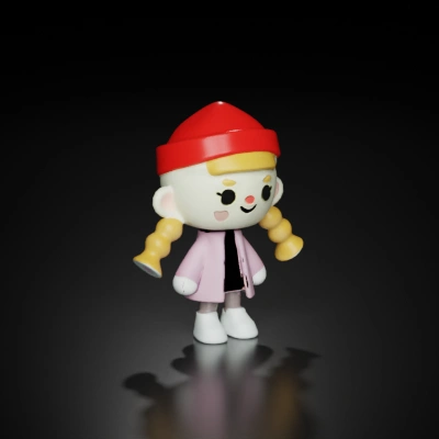 Chibi-style character with braids, children.