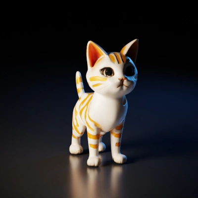 Cartoon cat character with big eyes, orange stripes.