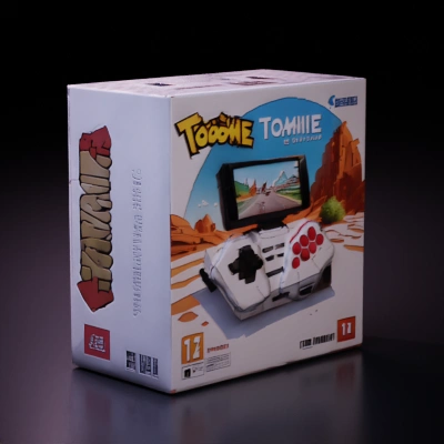Retro handheld gaming console with built-in screen, box art.