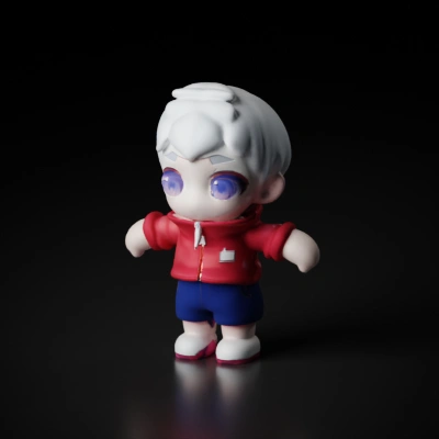 Chibi character with large eyes, anime-style, wearing casual clothes.