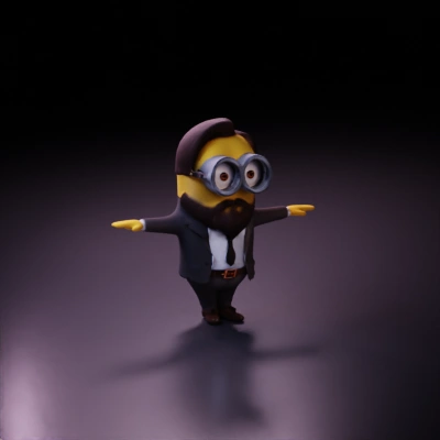Minion in a suit with a beard, arms outstretched.