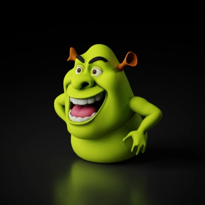 green animated character with large grin.