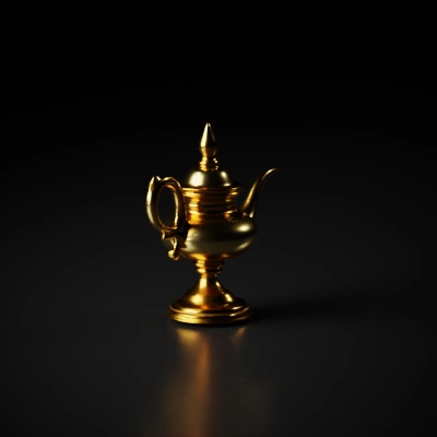 Magical brass lamp with ornate details, Aladdin-style.