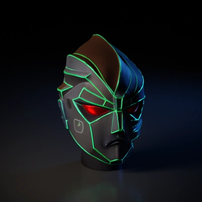robotic helmet with glowing eyes.