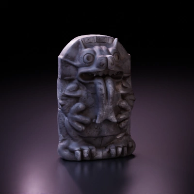 Ancient stone statue resembling mythical creature, intricate details.