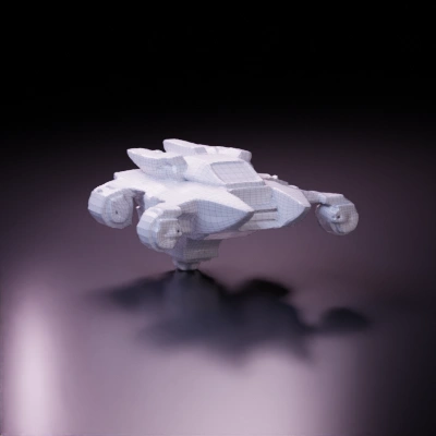 Armored spacecraft with heavy artillery. symmetric geometry,sharp edges,complex geometry.