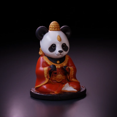 Panda monk dressed in traditional attire, stylized sitting pose.