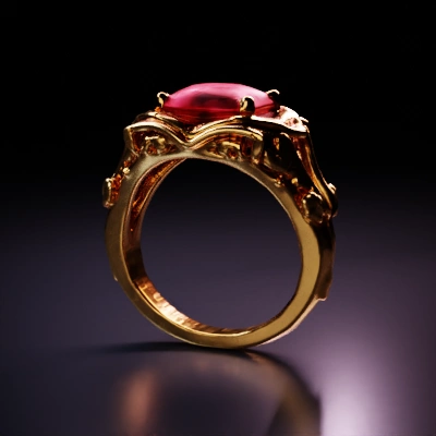 Intricate gold ring with large gemstone, ornate details.