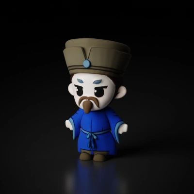Cartoon character in traditional attire, large hat.