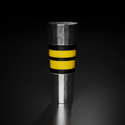 Metal bollard with reflective stripes.