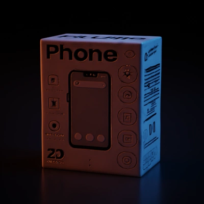 Phone packaging box, with device and icons depicted.