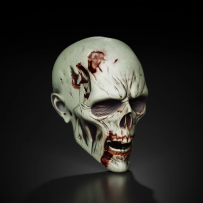 Zombie head, horrifying skeletal features and decayed flesh.