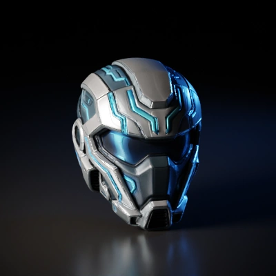 Futuristic sci-fi helmet with blue lights.