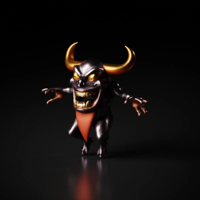 Demon-like creature with large horns, menacing smile.