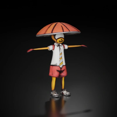 Cartoon character with mushroom hat and bunny ears, school attire.
