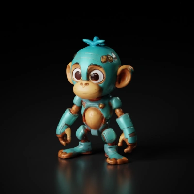 Cybernetic monkey character, playful design.