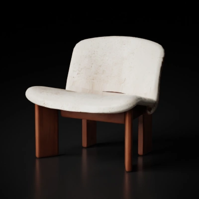 Modern chair with wooden base and upholstered sheep-skin seat.