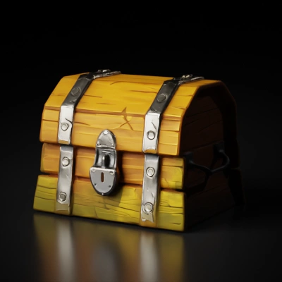 Treasure chest, metal reinforcements, wooden construction.