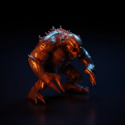Ferocious horned beast with large claws and teeth.