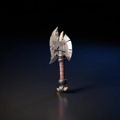 Battle axe with intricate design, appears medieval, heavy metal.