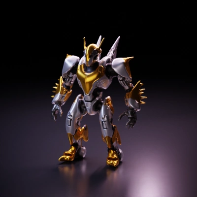 Battle-ready mech suit with armored plating, humanoid design.