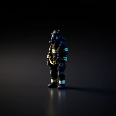 Firefighter in full gear with oxygen mask, gloves, and helmet.