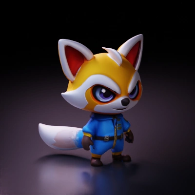 Anthropomorphic fox character with a determined expression.