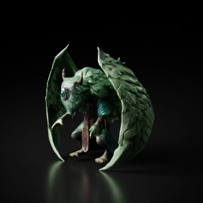 Feathered winged creature, one large eye, multi-legged, mythical.